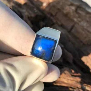 Sterling Solid Silver Blue Labradorite Square Gemstone Statement Ring For Gift - Picture 1 of 7