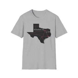 Richardson TX Map T-Shirt, Unisex Casual Tee, Texas Gift, Travel Souvenir - Picture 1 of 15