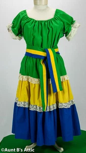 Peasant Dress Vintage 60's 2Pc Green/ Yellow/ Blue Ethnic Style Dress Size Med - Picture 1 of 2
