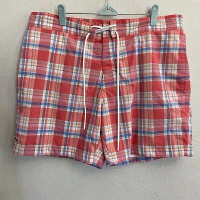 Lacoste Mens Red/White Plaid Check Logo Large Mesh Lined Swim Trunk Board Shorts - Image 1 of 4