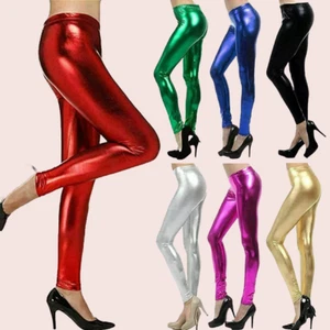 Ladies Shiny Party Leggings Women's Plus Size Metallic Wet Look Stretch leggings - Picture 1 of 25