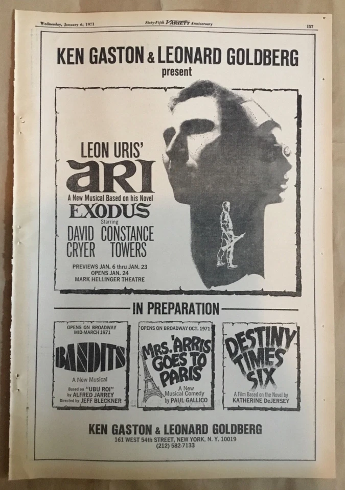 Leon Uris Ari musical print ad 1971 vintage 70s promo poster Gaston Goldberg Foto 1 de 1