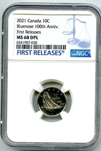 2021 CANADA 10 CENT BLUENOSE 100TH ANNVERSARY DIME NGC MS68 DPL FIRST RELEASES - Picture 1 of 2