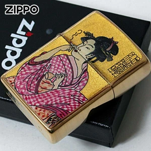 Zippo Oil Lighter Ukiyoe Smoking Woman Blowing Gold Leaf Japan New - Picture 1 of 5