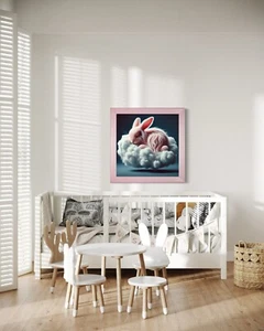Pink Framed Rabbit Floating On a Cloud Velvet Artwork - Picture 1 of 7