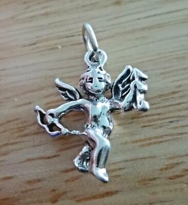 Sterling Silver 3D 18x18mm Valentine Cupid Holding Bow & Arrow Charm - Picture 1 of 3