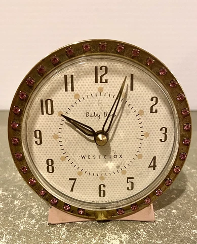 Vintage Pink Enamel Westclox Baby Ben Alarm Clock Rhinestone Jeweled Bezel WORKS Cover