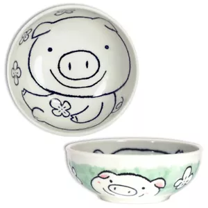 Japanese Rice Soup Cereal Salad Bowl 5.25"D Porcelain Green Pig Made in Japan - Picture 1 of 3