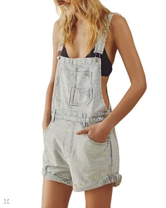 We The Free Novelty Ziggy Denim Romper Short Overall Striped Shortalls Distress - Picture 1 of 11