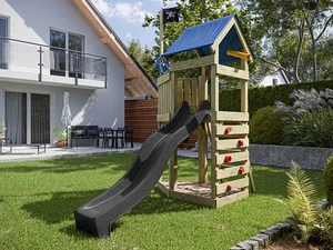 Spielturm Spielhaus Kinderspielhaus Holz mit Kletterwand Rutsche grau Sandkasten - Bild 1 von 9