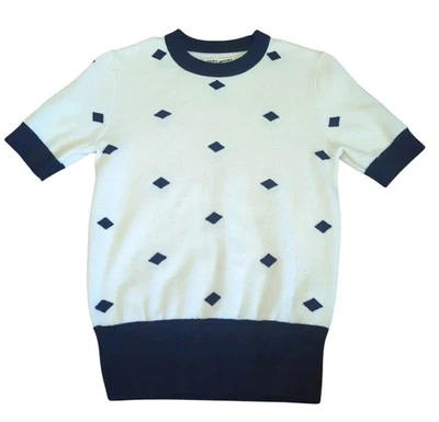 Suéter Tory Sport Manga Corta Blanco Azul Marino Diamantes Lana Merino XS Foto 1 de 4