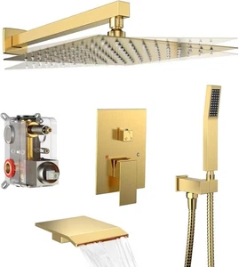 10" Brushed Gold Rain Shower Head Combo Shower Faucet Set System with Tub Spout - Picture 1 of 15