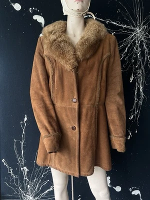 Abrigo de Coche Penny Lane Cuero Gamuza Años 70 De Colección Forrado de Piel Cuello de Lana Corto Boho  Foto 1 de 4