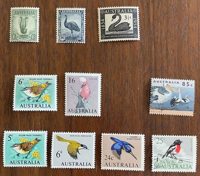 Lote misto de selos de pássaros da Austrália, todos menos um, sem marca de charneira, lote 38 - Imagem 1 de 2