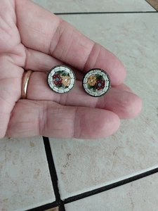 Pendientes redondos vintage italianos de plata lavada MICRO MOSAICO FLORES atornilladas - Imagen 1 de 6