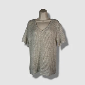 TSE Women's Beige Cashmere V-Neck Mesh Stitch Metallic Knit Sweater Size M - Picture 1 of 4