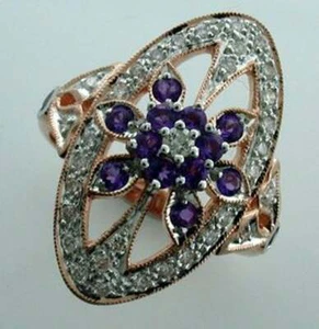 Anillo de flores vintage amatista y diamante, oro rosa sólido 9 quilates, R59 personalizado - Imagen 1 de 1