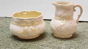 Belleek Ireland Sugar Bowl & Cream Pitcher Ribbon & Bow Green Mark - Picture 1 of 6