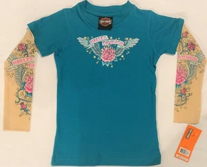 Harley Davidson® Kids Youth Girls Rose & Wings Tattoo Long Sleeve Green Shirt - Picture 1 of 2