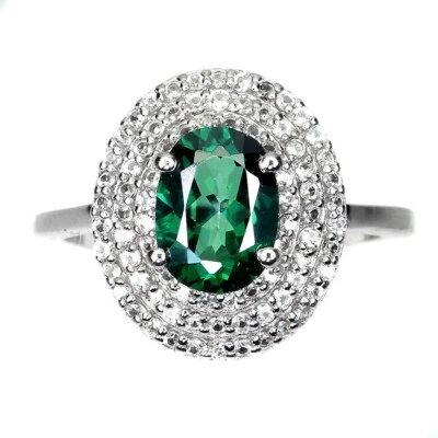 Diffused Oval Green Topaz 8x6mm White Topaz 925 Sterling Silver Ring - Image 1 of 3