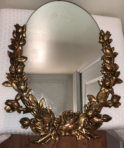 Vintage Syroco wood oval mirror 18"  gold roses (no easel back) Cover