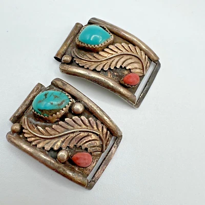 NAVAJO Hombre Plata de Ley con Puntas de Reloj Turquesa y Coral - Flecha Rota Foto 1 de 4