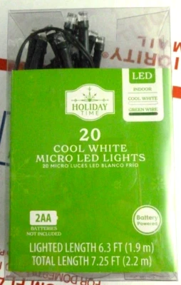 Holiday Time 20 Blanco Frío Micro LED Luces de Navidad Cable Verde Alimentado por Batería Foto 1 de 3