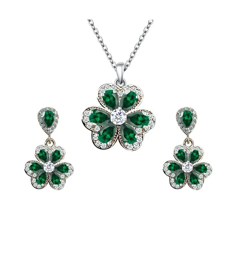 18K White Gold Created Emerald, White CZ Flower Necklace And Earrings Set Plated - Image 1 of 1