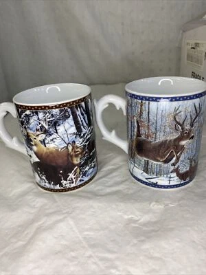 Danbury Mint Set Of 2 Cups Deer Bob Travers Snowbound Flying High EXCELLENT - Image 1 of 4