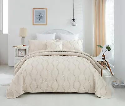 DaDa Bedding Boho Chic French Country Tufted Ruffles Ivory Cream Bedspread Set - Image 1 of 4