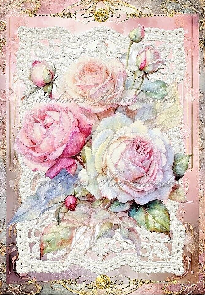 Pink Watercolor Roses & Lace Designer Cotton Fabric Quilt Block Multi-size - Image 1 of 1