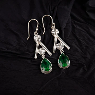 Lab-Created Emerald Gemstone Dangle Earring 925 Sterling Silver Handmade Jewelry - Image 1 of 3