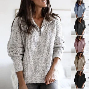 Women Sweater Ladies Winter Warm Long Sleeve Casual Pullover Zipper Jumper Tops - Picture 1 of 17