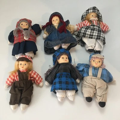 Lot of 6 Vintage 5" Collectible Sand Filled, Cloth Rag Dolls, Porcelain Faces - Image 1 of 4