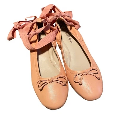 Saks Fifth Avenue SZ 7.5 Ribbon Wrap Up Ballet Flats Salmon Pink Balletcore Girl - Image 1 of 4