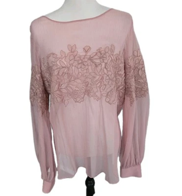 Blusa Tadashi Soji Rosa Ezra Crinkle Chiffon Bordada Transparente Floral Tamanho 12 - Imagem 1 de 4
