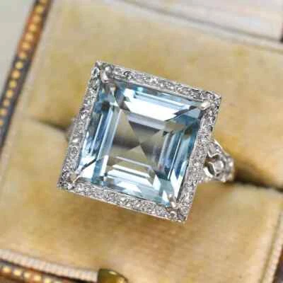 Anillo de boda Asscher de oro blanco sólido de 14 quilates con diamantes y aguamarina natural de 6,80 quilates Foto 1 de 4