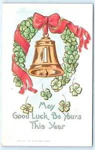Postal Año Nuevo May Good Luck Be Yours Campana Trébol Cuatro Hojas Repujado A03 - Imagen 1 de 2