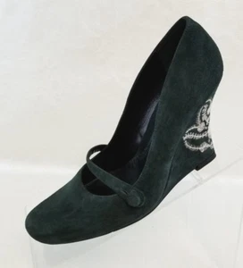 Jessica Bennett Mary Jane Wedge Embroidery Heel Green Leather Suede Shoes Sz 7M - Picture 1 of 12