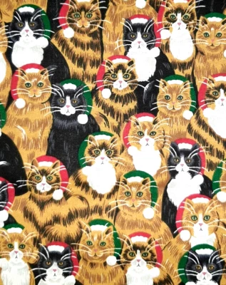 1992 Christmas Cat Print Cotton Fabric Remnant Material Quilters 14.5" x 36"+ - Image 1 of 4