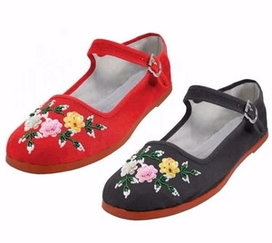 Women's Chinese Mary Jane Floral Sequin Cotton Shoes Slippers Red & Black 5-11 - Picture 1 of 8