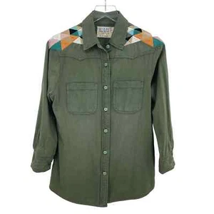 Sandrine Rose Size Small Olive Green Embroidered Shoulder Button Front Shirt - Picture 1 of 11