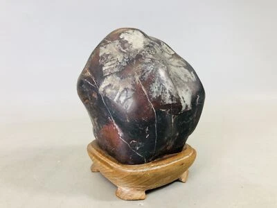 Y6772 OKIMONO Chrysanthemum stone wooden stand Japan antique interior decor - Image 1 of 4