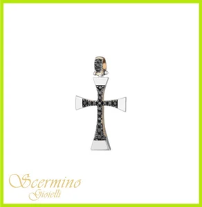 PENDENTE CROCE DA UOMO IN ORO BICOLORE 18K CON DIAMANTI NATURALI 0.15 CARATI - Picture 1 of 4