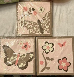 3-Pc Canvas Wall Art Butterfly Girl's Nursery Decor Floral Pink. NIB - Picture 1 of 4