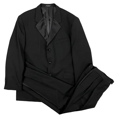 Conjunto de esmoquin vintage para hombre talla 44R blazer 38x32 pantalones años 90 sarga negra lana Foto 1 de 4