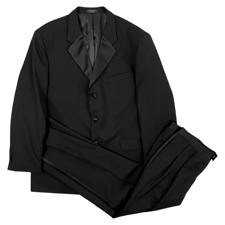 复古男式燕尾服套装 44R 码西装外套 38x32 裤子 1990 年代黑色斜纹羊毛 — 第 1/4 张图片