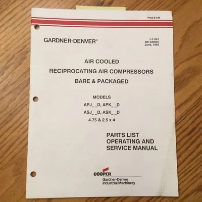 Gardner-Denver APJ APK ASJ ASK РУКОВОДСТВО ПО ЭКСПЛУАТАЦИИ ЗАПЧАСТИ КНИГА ВОЗДУШНЫЙ КОМПРЕССОР - Изображение 1 из 3