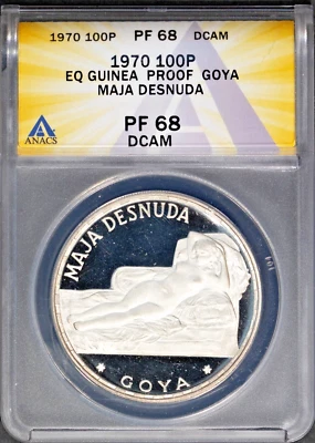1970 EQ GUINEA S100P GOYA'S MAJA DESNUDA PF68DCAM ANACS # 7603379 + Bonus - Image 1 of 2