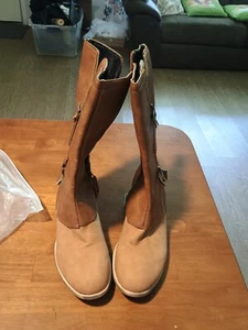 Markenlos hellbraun Damen mittelgroßer klobiger Absatz seitlicher Reißverschluss Lederstiefel Größe 9,5  - Bild 1 von 7